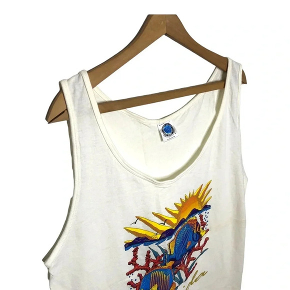 Vintage 80s Single Stitch Graphic Botanical Aquatic Muscle Tank Top - Picture 3 of 9